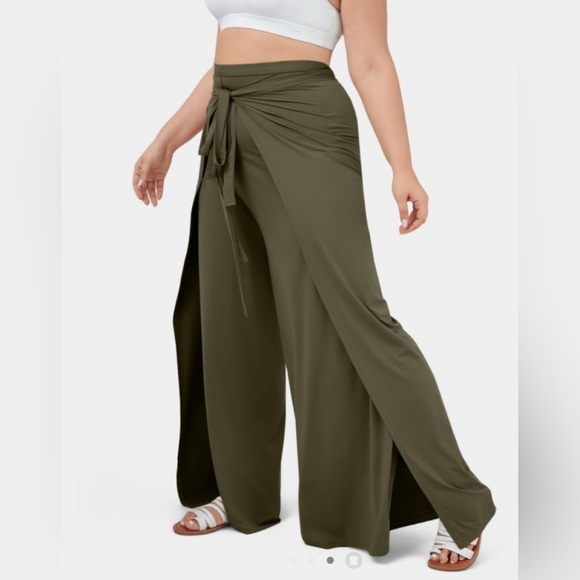 Halara High Waisted Tie Front Split Hem Palazzo Wide Leg Flowy Casual Pants - Picture 2 of 5